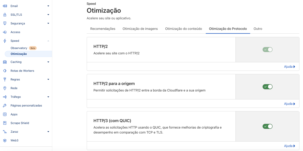 Ativando HTTP/3 (com QUIC) na Cloudflare.