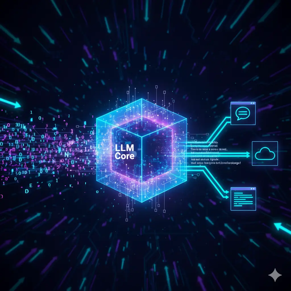 Cubo digital brilhante (LLM Core) no centro, representando um Large Language Model, processando fluxos de tokens numéricos (dados de linguagem) e emitindo conexões luminosas para ícones de aplicações (chat, nuvem, documento), simbolizando o LLM como o motor central da aplicação. O fundo escuro tem padrões de circuito e setas que sugerem fluxo assíncrono e engenharia de software.